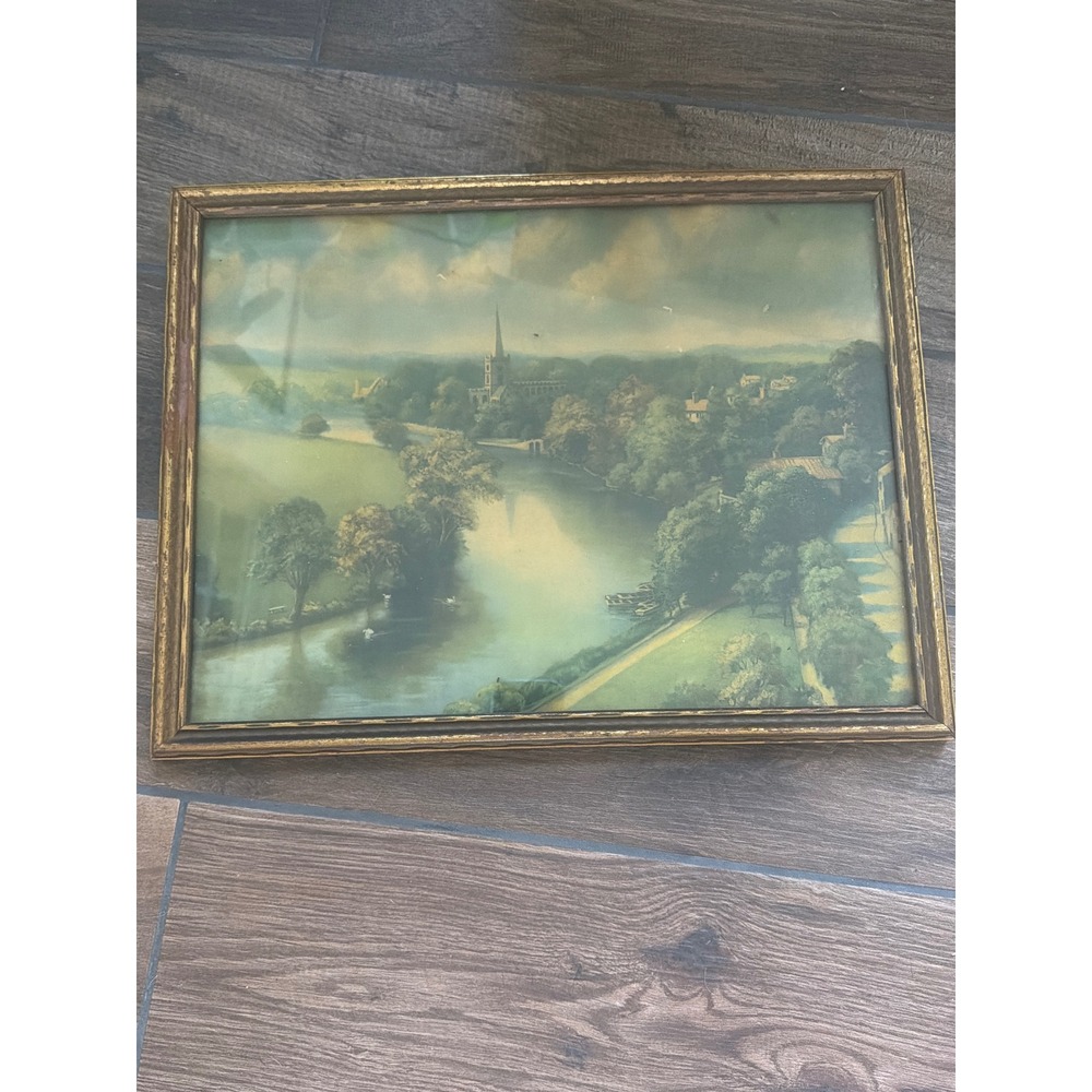 Antique 1909 Currier Style Print, Stratford on Avon River Landscape